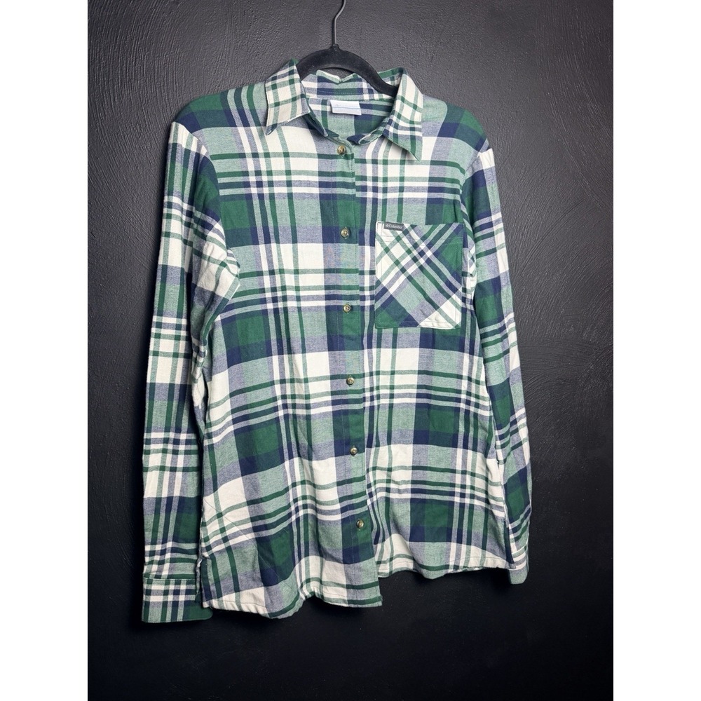 Columbia Flannel Shirt Plaid Stretch Medium Green Blue Outdoor Hiking Casual